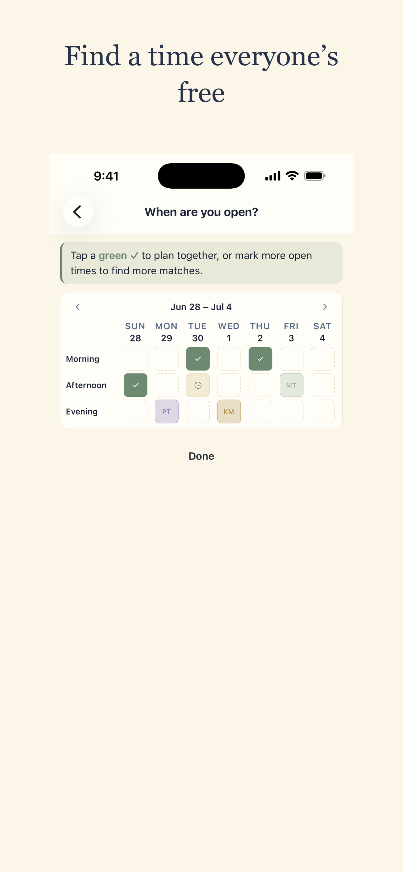 PlanAlong availability grid with your open slots and pals’ overlapping free times