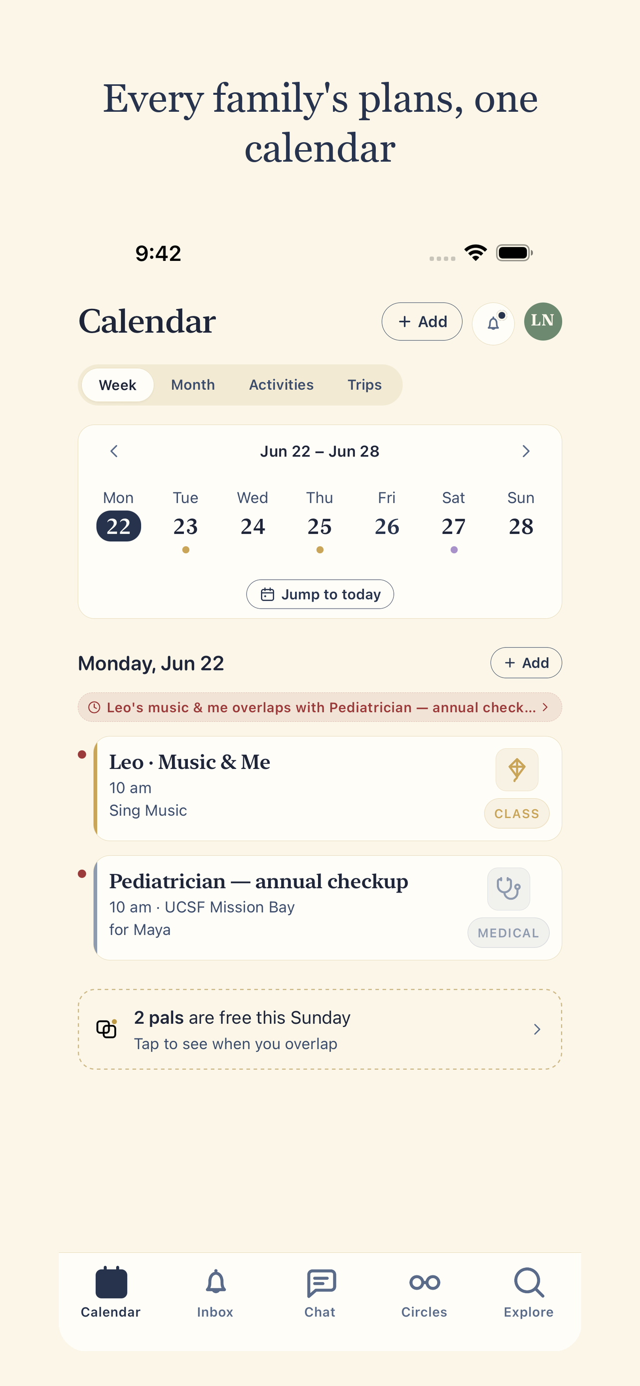PlanAlong Calendar screen showing one shared family week