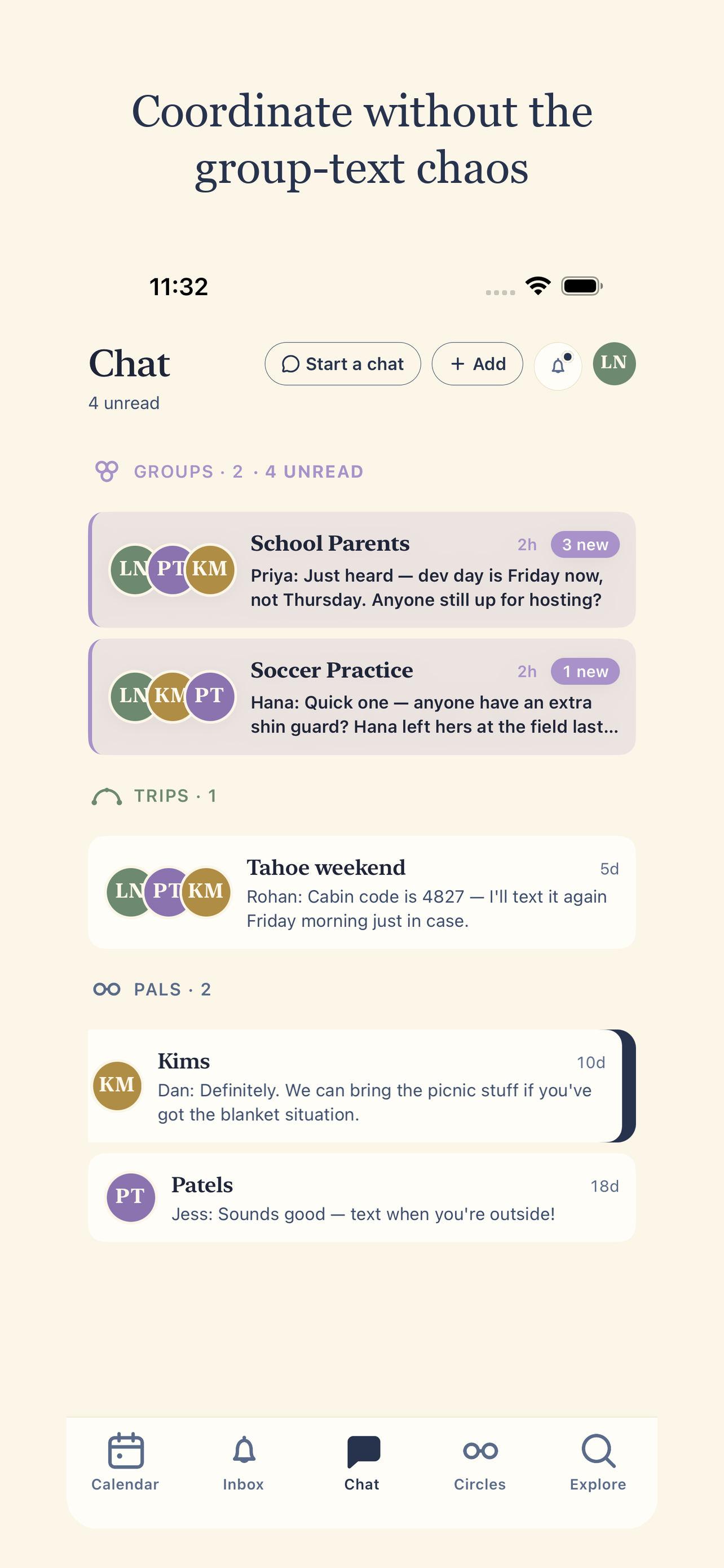 PlanAlong Chat screen with group, trip and pal threads