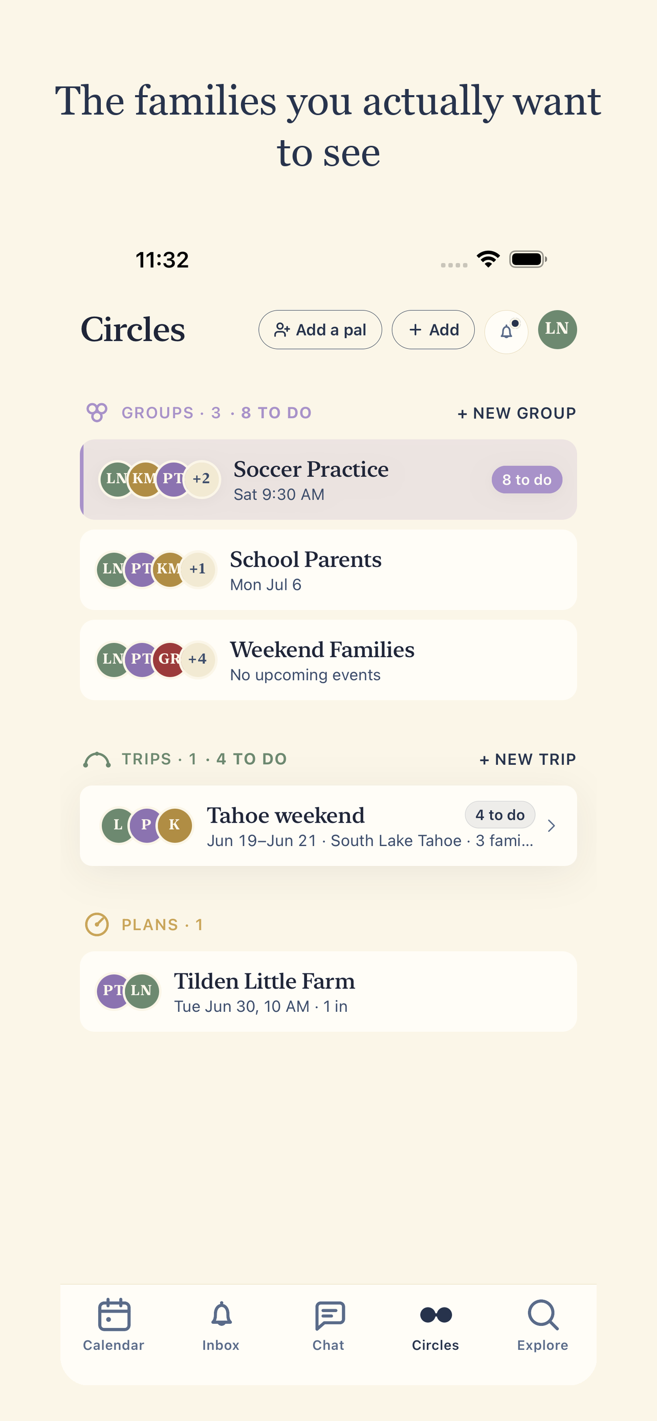 PlanAlong Circles screen with groups, a group trip, plans, and an Add a pal button