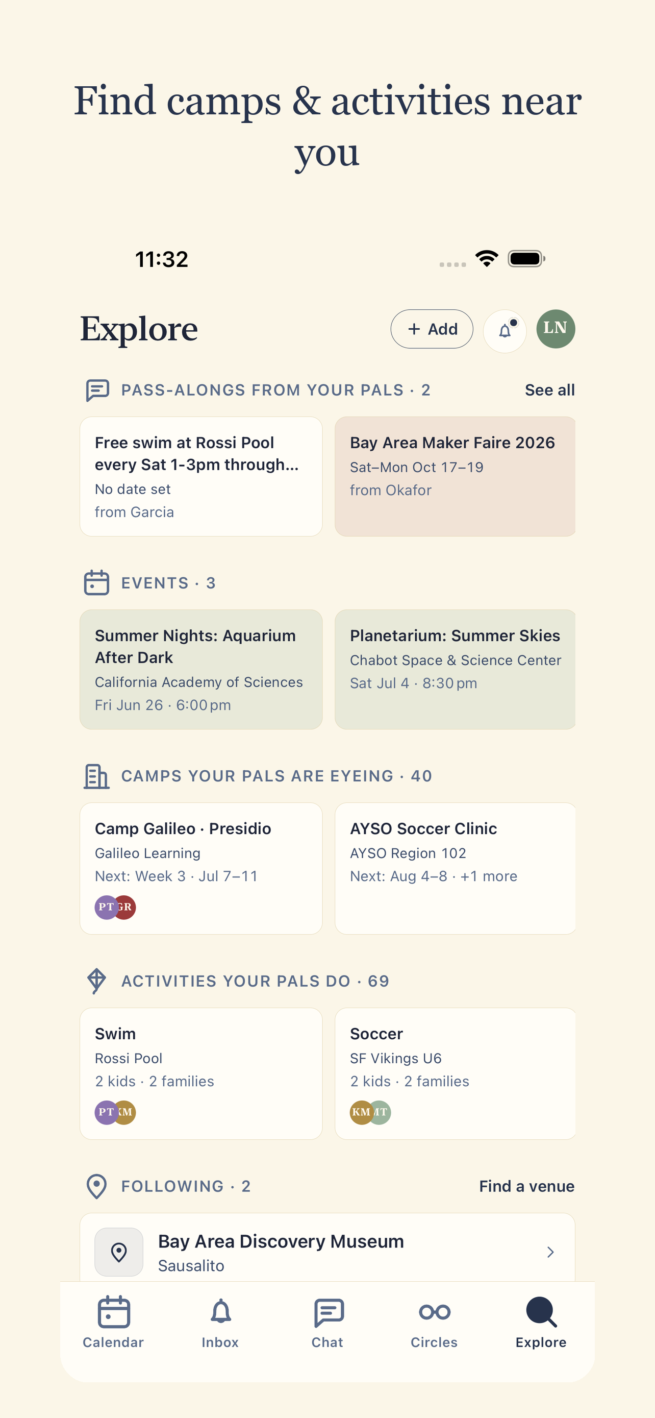PlanAlong Explore screen showing pass-alongs from pals, camps your pals are eyeing, and activities their kids do