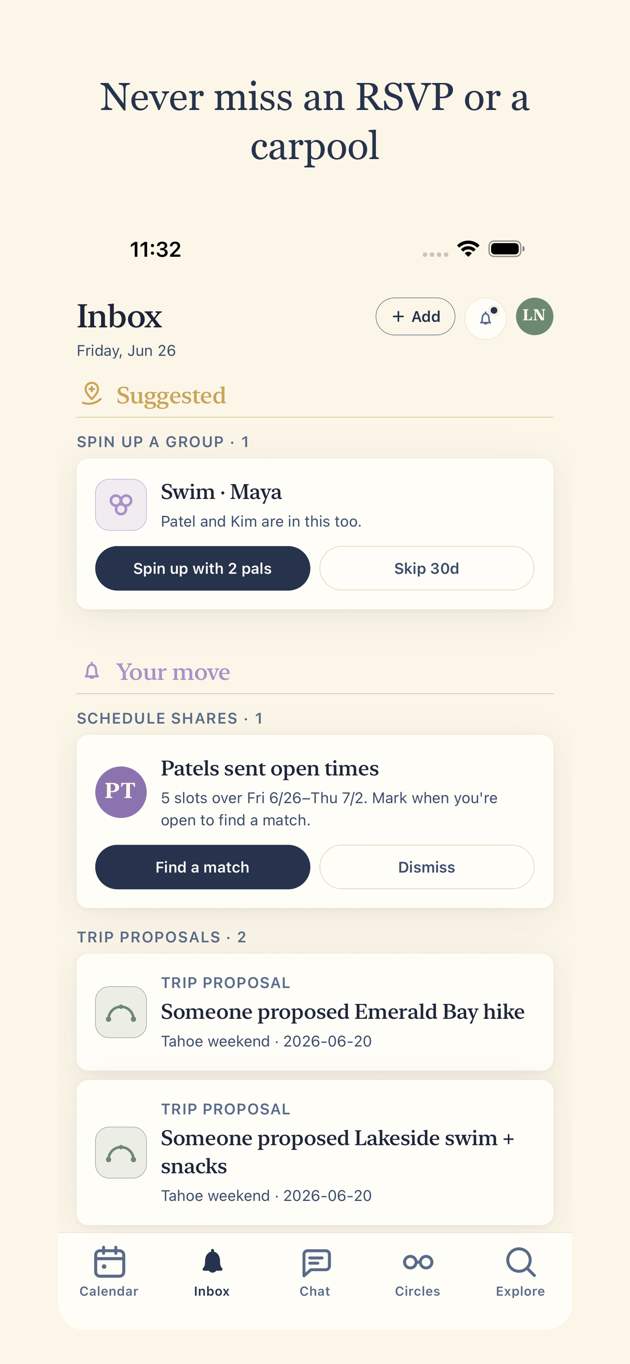 PlanAlong Inbox screen with suggested actions and proposals