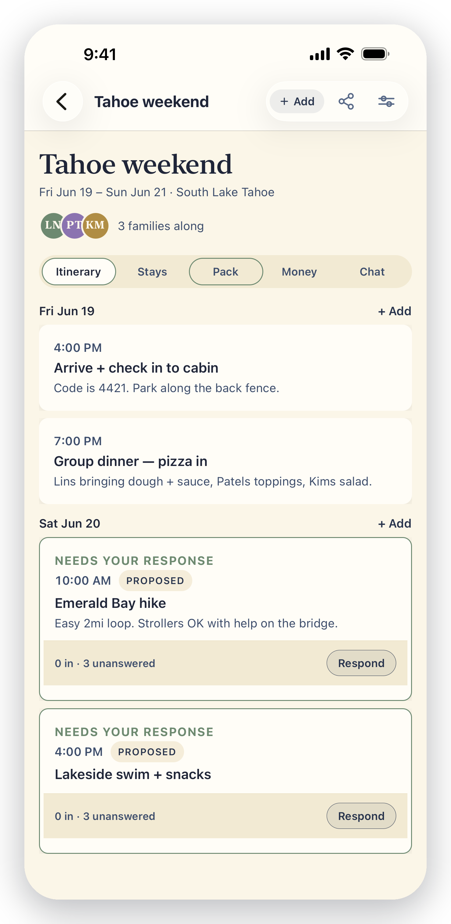 PlanAlong trip workspace — a shared itinerary with proposed plans and RSVPs