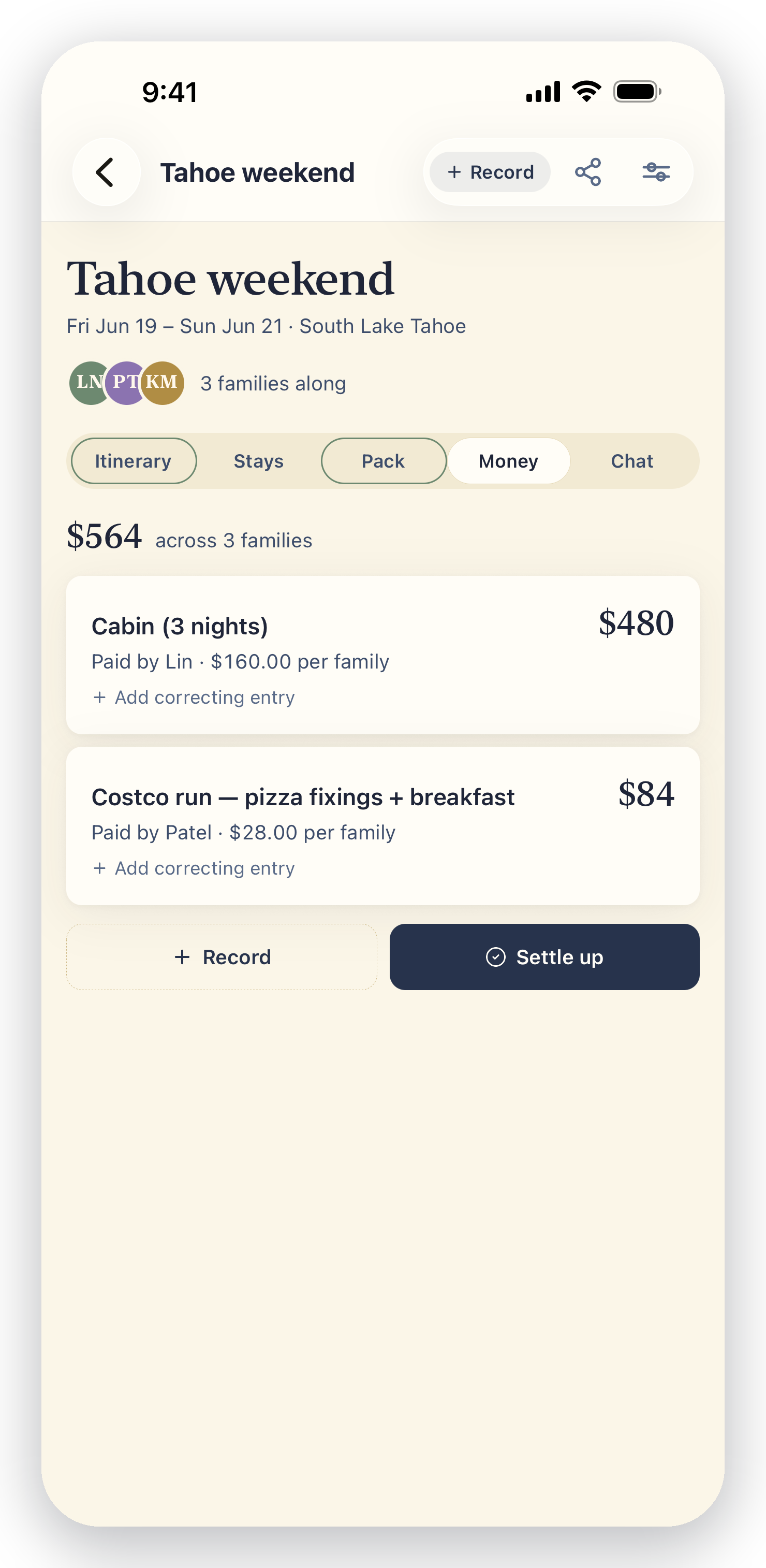 planalong trip Money tab in the app