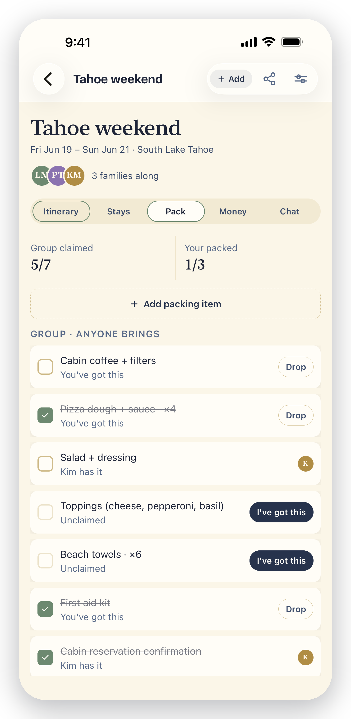 planalong trip Packing tab in the app