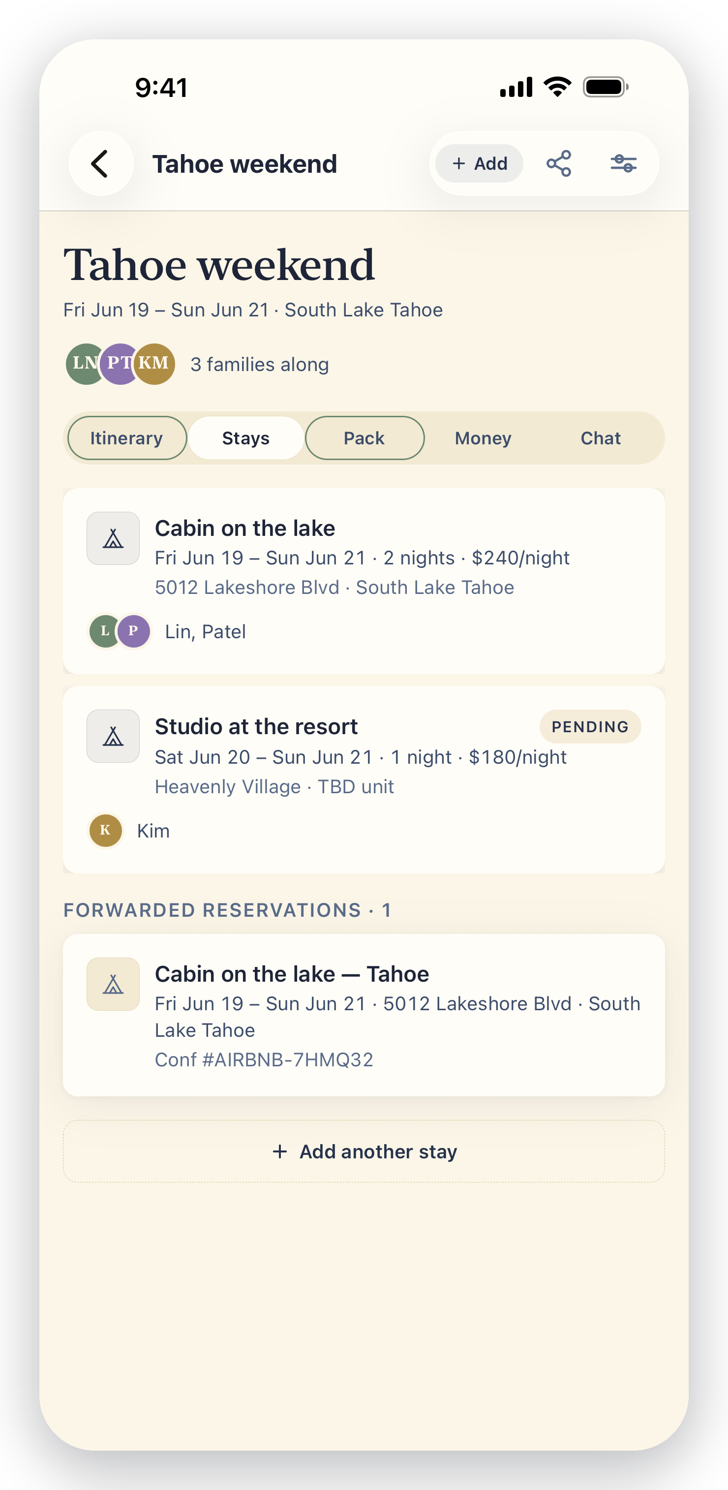 planalong trip Stays tab in the app